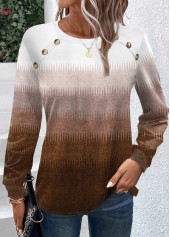 Dark Camel tops,Ombre tops,Chevron tops,ROTITA Button Ombre Dark Camel Round Neck T Shirt