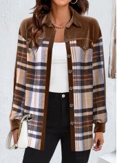Light Coffee tops,Plaid tops,Striped tops,Geometric tops,ROTITA Patchwork Plaid Light Coffee Shirt Collar Coat