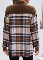 Light Coffee tops,Plaid tops,Striped tops,Geometric tops,ROTITA Patchwork Plaid Light Coffee Shirt Collar Coat