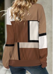 Dark Coffee tops,Light Coffee tops,Geometric tops,Striped tops,ROTITA Lace Up Geometric Print Dark Coffee Sweatshirt