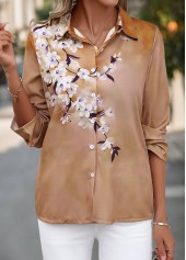 Light Coffee tops,Floral tops,Plants tops,Button Floral Print Light Coffee Shirt Collar Blouse