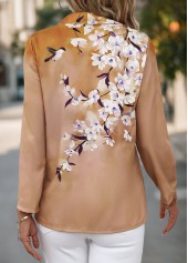 Light Coffee tops,Floral tops,Plants tops,Button Floral Print Light Coffee Shirt Collar Blouse