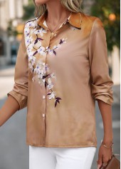 Light Coffee tops,Floral tops,Plants tops,Button Floral Print Light Coffee Shirt Collar Blouse