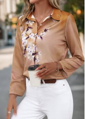 Light Coffee tops,Floral tops,Plants tops,Button Floral Print Light Coffee Shirt Collar Blouse