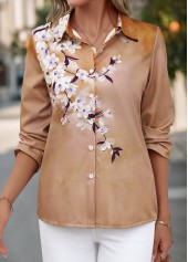 Light Coffee tops,Floral tops,Plants tops,Button Floral Print Light Coffee Shirt Collar Blouse