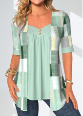 Rotita Patchwork geometrischer Druck mintgrün gefälschter zweiteiliger Twinset