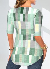 Mint Green tops,Geometric tops,Plaid tops,Striped tops,ROTITA Patchwork Geometric Print Mint Green Fake Two Piece Twinset