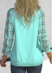Cyan tops,Plaid tops,Striped tops,Geometric tops,ROTITA Patchwork Plaid Cyan V Neck Long Sleeve Sweatshirt