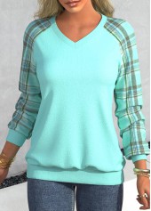 Cyan tops,Plaid tops,Striped tops,Geometric tops,ROTITA Patchwork Plaid Cyan V Neck Long Sleeve Sweatshirt