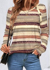 Multi Color tops,Geometric tops,Striped tops,ROTITA Button Geometric Print Multi Color T Shirt