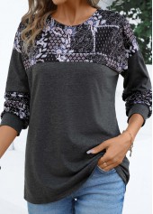 Dark Grey tops,Tribal tops,Geometric tops,Plants tops,Patchwork Tribal Print Dark Grey Round Neck T Shirt