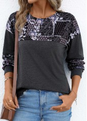 Dark Grey tops,Tribal tops,Geometric tops,Plants tops,Patchwork Tribal Print Dark Grey Round Neck T Shirt