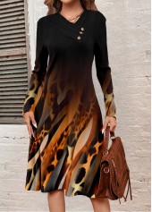 Black dresses,Leopard dresses,Geometric dresses,Ombre dresses,Striped dresses,Everyday dresses,Casual dresses,ROTITA Button Leopard Black A Line V Neck Dress