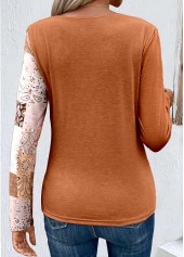 Orange tops,Tribal tops,Paisley tops,Geometric tops,ROTITA Asymmetry Patchwork Orange Scoop Neck T Shirt