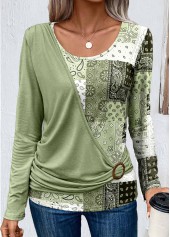 ROTITA Asymmetry Patchwork Light Green Scoop Neck T Shirt
