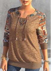 Dark Camel tops,Tribal tops,Geometric tops,Striped tops,ROTITA Lace Up Tribal Print Dark Camel T Shirt