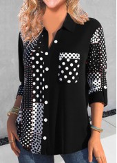 Black tops,Dot tops,Geometric tops,ROTITA Asymmetry Polka Dot Black Shirt Collar Blouse