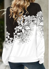 Black tops,White tops,Floral tops,Plants tops,ROTITA Eyelet Floral Print Black Cowl Neck Long Sleeve Sweatshirt