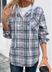 Blue tops,Plaid tops,Geometric tops,Striped tops,Drawstring Plaid Blue Hooded Long Sleeve Coat