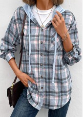 Blue tops,Plaid tops,Geometric tops,Striped tops,Drawstring Plaid Blue Hooded Long Sleeve Coat