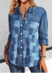 Denim Blue tops,Denim-Effect Print tops,ROTITA Patchwork Denim-effect Print Denim Blue Shirt Collar Blouse