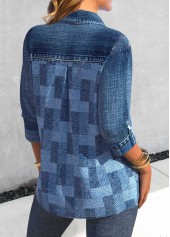 Denim Blue tops,Denim-Effect Print tops,ROTITA Patchwork Denim-effect Print Denim Blue Shirt Collar Blouse