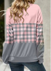 Light Pink tops,Grey tops,Plaid tops,Striped tops,ROTITA Patchwork Plaid Light Pink Cowl Neck Long Sleeve Sweatshirt