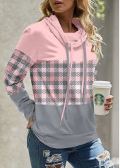 Light Pink tops,Grey tops,Plaid tops,Striped tops,ROTITA Patchwork Plaid Light Pink Cowl Neck Long Sleeve Sweatshirt