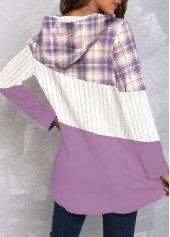 Purple tops,Plaid tops,Striped tops,ROTITA Patchwork Plaid Purple Long Sleeve Hoodie