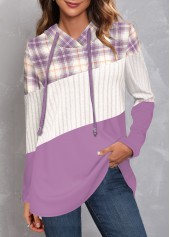 Purple tops,Plaid tops,Striped tops,ROTITA Patchwork Plaid Purple Long Sleeve Hoodie
