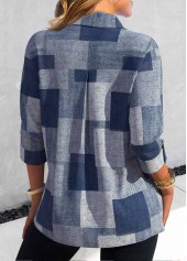 Denim Blue tops,Denim-Effect Print tops,Striped tops,Plaid tops,ROTITA Button Denim-effect Print Denim Blue Shirt Collar Blouse