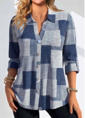 Jeansblaue Hemdkragenbluse mit Rotita-Knöpfen und Denim-Effekt-Print