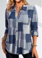 Denim Blue tops,Denim-Effect Print tops,Striped tops,Plaid tops,ROTITA Button Denim-effect Print Denim Blue Shirt Collar Blouse