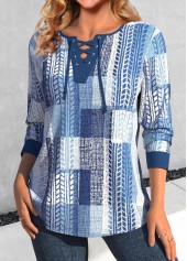 Denim Blue tops,Geometric tops,Striped tops,Plaid tops,ROTITA Lace Up Geometric Print Denim Blue T Shirt