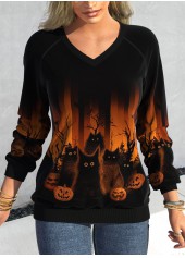 rotita patchwork halloween imprimé noir col en v sweat-shirt à manches longues