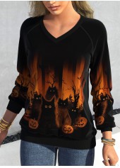 Black tops,Halloween tops,Ombre tops,Animal Print tops,ROTITA Patchwork Halloween Print Black V Neck Long Sleeve Sweatshirt