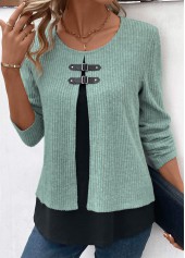 Sage Green plus size,Black plus size,Contrast Color plus size,ROTITA Sage Green Round Neck Fake Two Piece Twinset