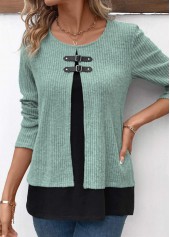 Sage Green plus size,Black plus size,Contrast Color plus size,ROTITA Sage Green Round Neck Fake Two Piece Twinset