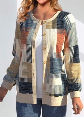 Multi Color tops,Geometric tops,Striped tops,ROTITA Button Geometric Print Multi Color Long Sleeve Cardigan