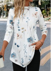 White tops,Floral tops,Asymmetry Floral Print White High Neck T Shirt