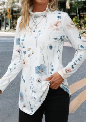 White tops,Floral tops,Asymmetry Floral Print White High Neck T Shirt