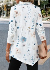 White tops,Floral tops,Asymmetry Floral Print White High Neck T Shirt