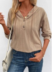 Light Camel tops,Plain Color tops,Button Light Camel Long Sleeve Hoodie