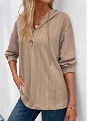 Light Camel tops,Plain Color tops,Button Light Camel Long Sleeve Hoodie