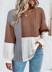 Rotita Dark Coffee Rundhals-Patchwork-Sweatshirt mit langen Ärmeln