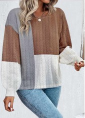 Dark Coffee tops,White tops,Contrast Color tops,ROTITA Dark Coffee Round Neck Long Sleeve Patchwork Sweatshirt