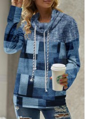 Denim Blue tops,Geometric tops,ROTITA Patchwork Geometric Print Denim Blue Cowl Neck Sweatshirt