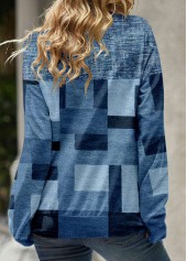 Denim Blue tops,Geometric tops,ROTITA Patchwork Geometric Print Denim Blue Cowl Neck Sweatshirt