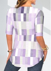 Light Purple tops,Geometric tops,Plaid tops,Striped tops,ROTITA Patchwork Geometric Print Light Purple Fake Two Piece Twinset