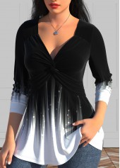 Black tops,White tops,Ombre tops,ROTITA Twist Ombre Black V Neck Long Sleeve T Shirt